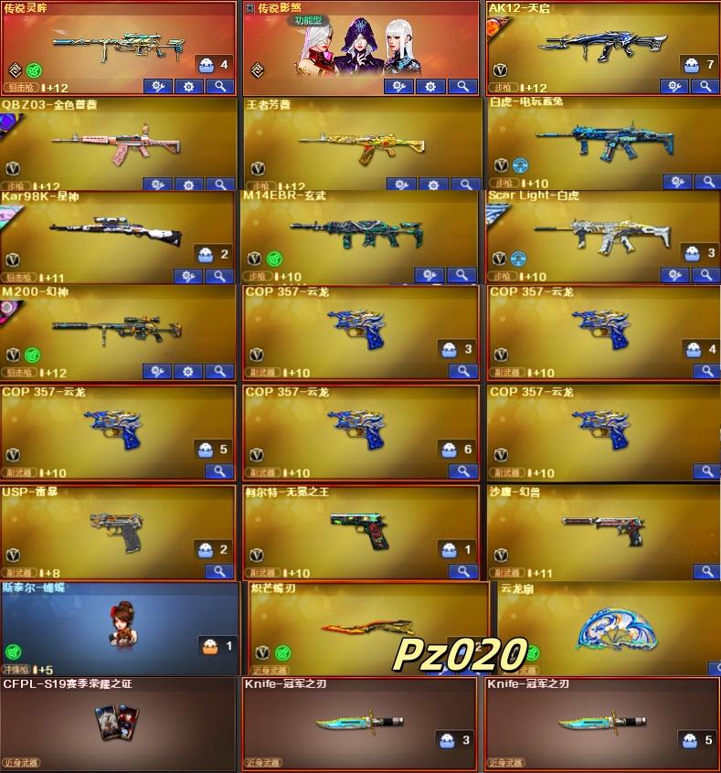 Pz020灵眸影煞幻兽无冕幻神宠儿4皮+卡/星神AG+卡＊白虎qbz冠军4皮*雷暴蝴蝶刀荣耀套