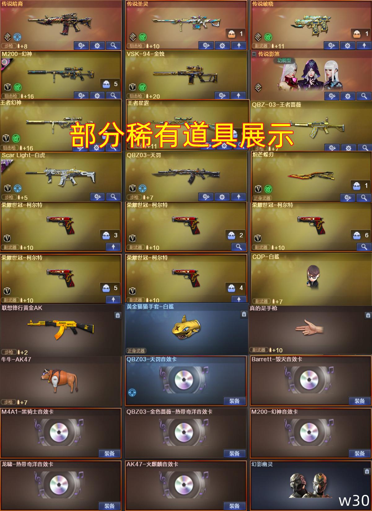 W30北部影煞幻神宠儿2皮+卡/王者星神白虎qbz皮带卡/蝴蝶刀5把冠军特